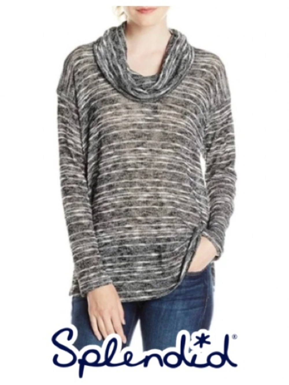 Splendid | B&W Marled Stripe Cowl Neck Knit Sweater Top - Size S
